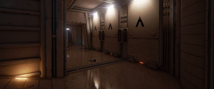 Sci-fi corridor with doors and lights
