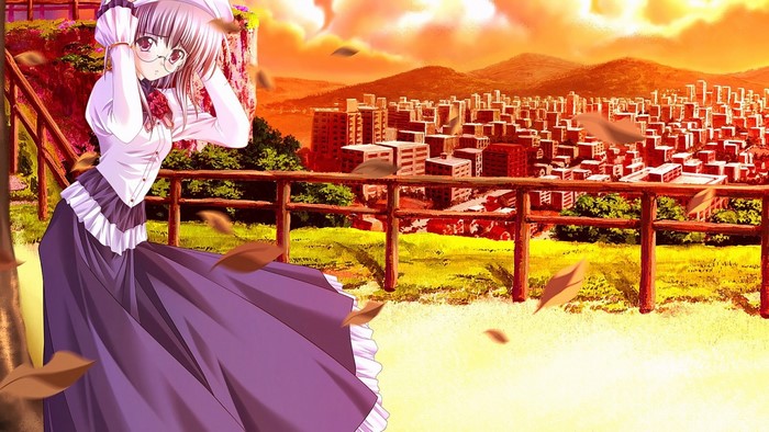 Anime girl with glasses and hat overlooking a cityscape