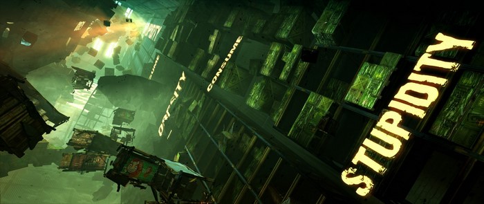 Video game screenshot with text 'STUPIDITY'
