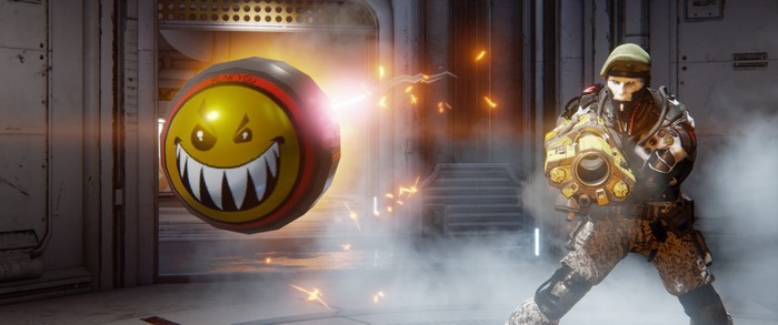 Soldier firing a weapon at a smiley bomb