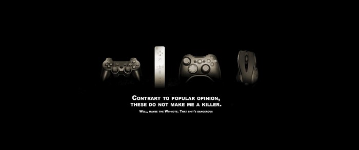 Video game controllers and mouse with humorous quote