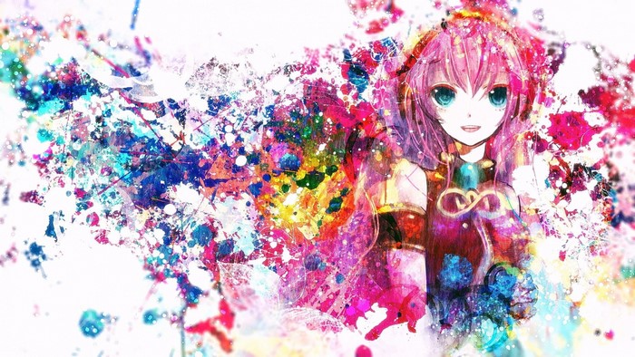 Megurine Luka from Vocaloid with colorful paint splashes