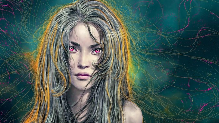 Illustration of a woman with pink eyes and flowing hair