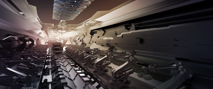 Robotic arms on an assembly line in a futuristic factory