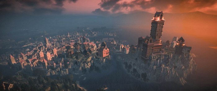 The Witcher 3: Wild Hunt aerial view of a city and castle at sunset