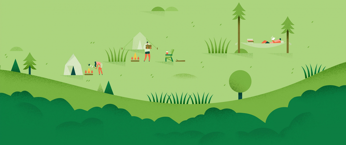 Minimalist illustration of people camping in a green meadow