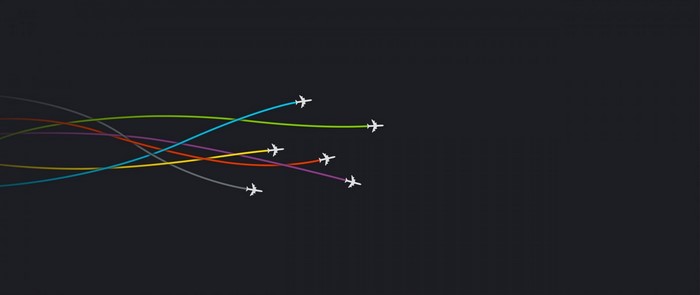 Minimalist airplanes with colorful trails on dark background