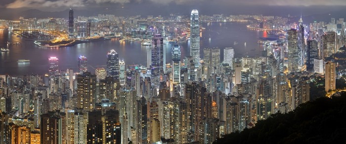 Hong Kong cityscape at night with Victoria Harbour