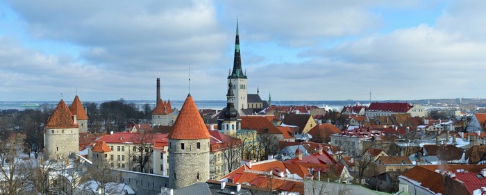 Tallinn Old Town skyline with towers and churches in winter