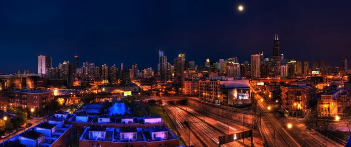 Chicago cityscape at night with moon