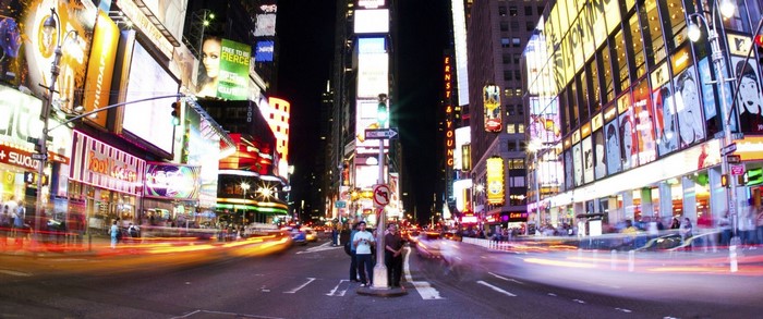 Times Square at Night with Traffic and Billboards