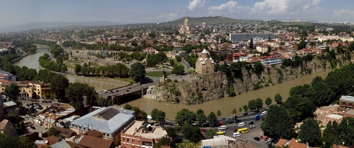 Tbilisi cityscape with Kura River and churches