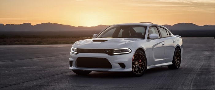 White Dodge Charger SRT Hellcat at Sunset