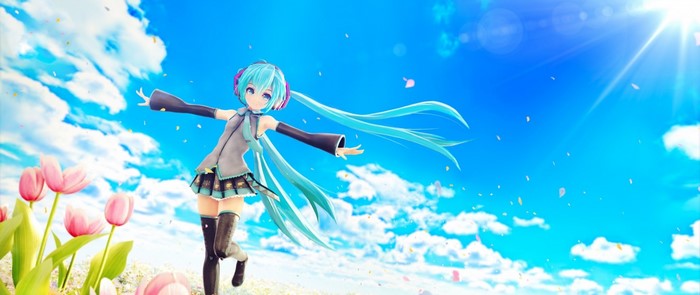 Hatsune Miku in a field of tulips under a blue sky