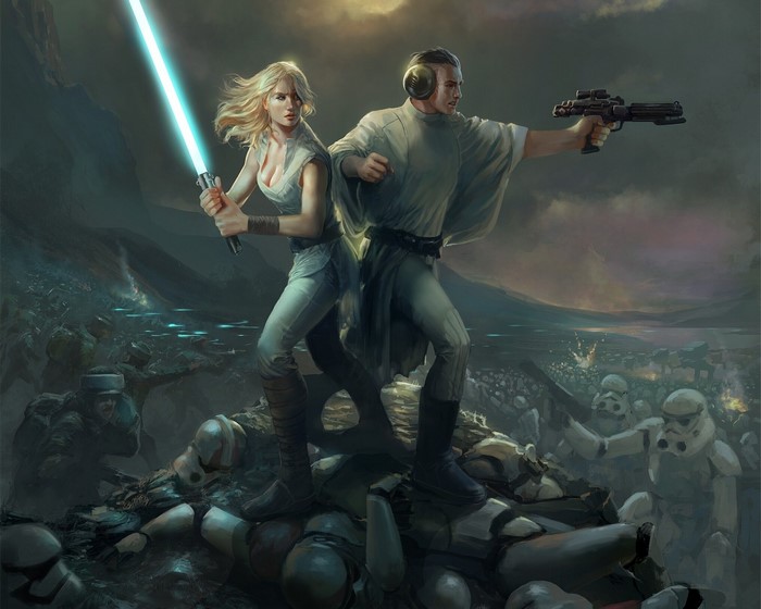 Rey and Luke Skywalker from Star Wars in battle