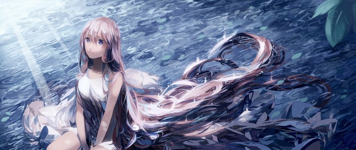 Anime girl with long hair in water