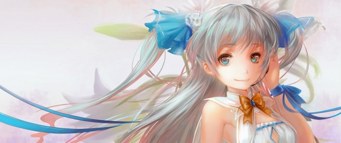 Anime girl with silver hair and blue ribbons