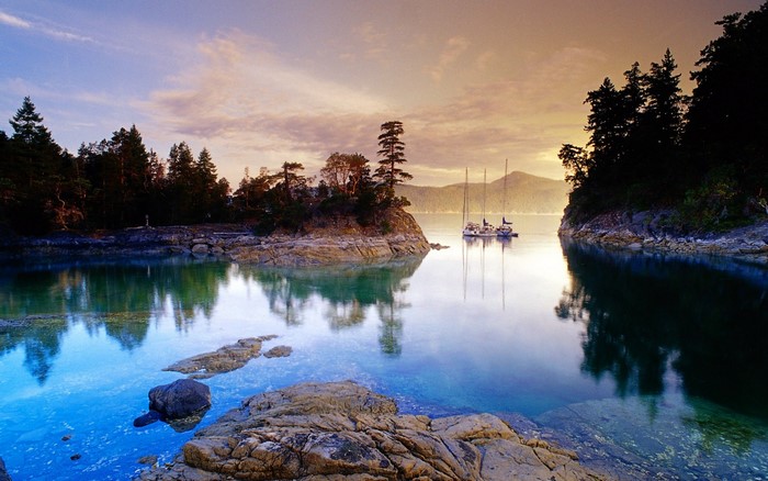Sailboats anchored in a calm bay at sunset with forested islands