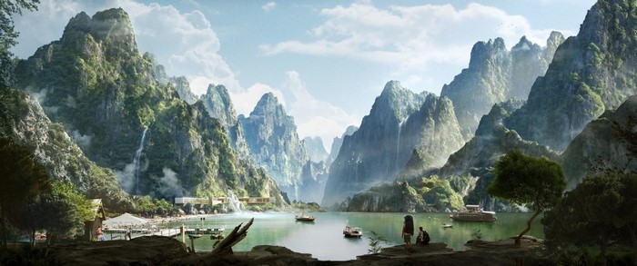Misty mountains and a serene lake with boats and buildings