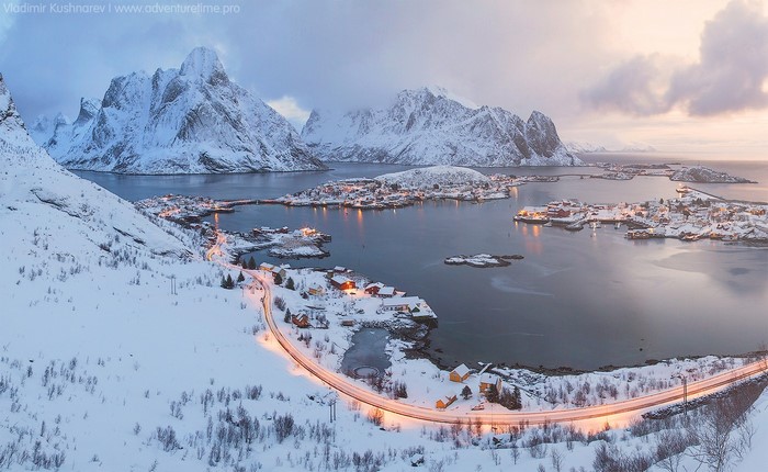 Snowy Lofoten Islands, Norway, in Winter Panorama