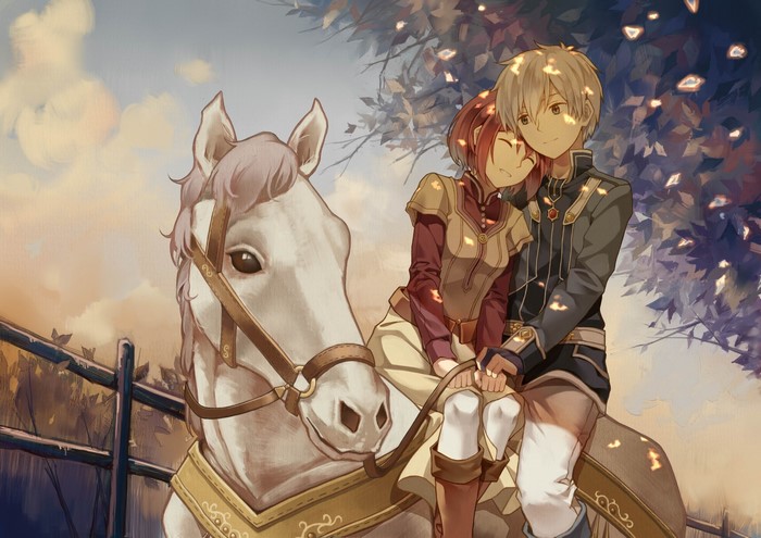 Shirayuki and Zen Wistalia Clarines from Akagami no Shirayukihime riding a horse