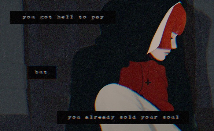 Character in nun habit with text overlay