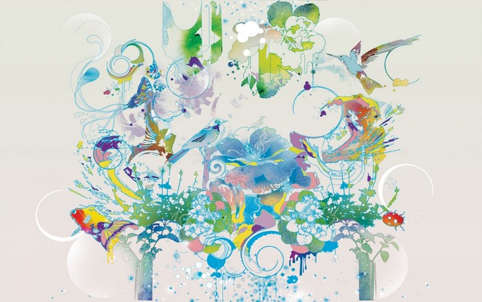 Abstract illustration with birds, butterflies, and flowers