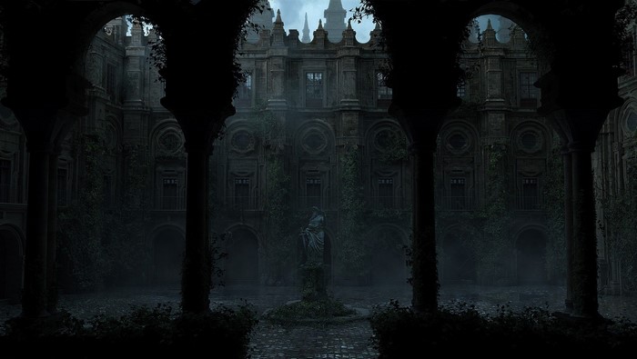 Dark courtyard with a statue and ancient architecture