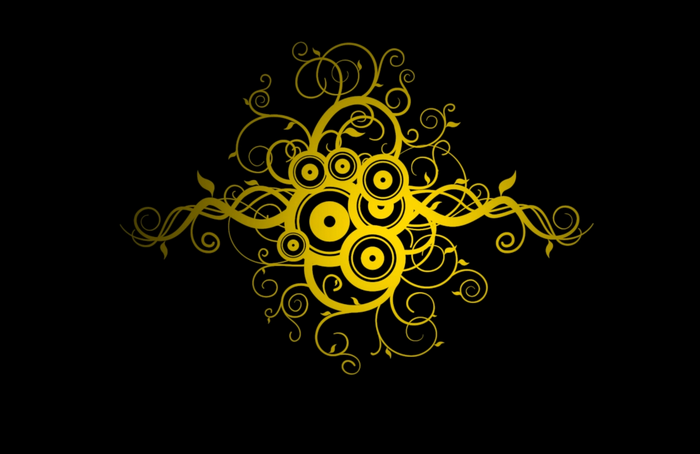 Abstract golden floral design with circles on black background