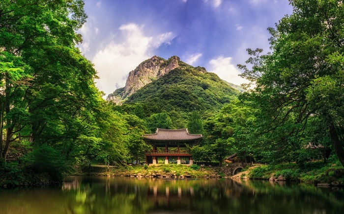 Traditional Korean pavilion by a lake with a mountain backdrop