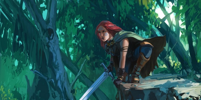 Woman with red hair and sword in a forest
