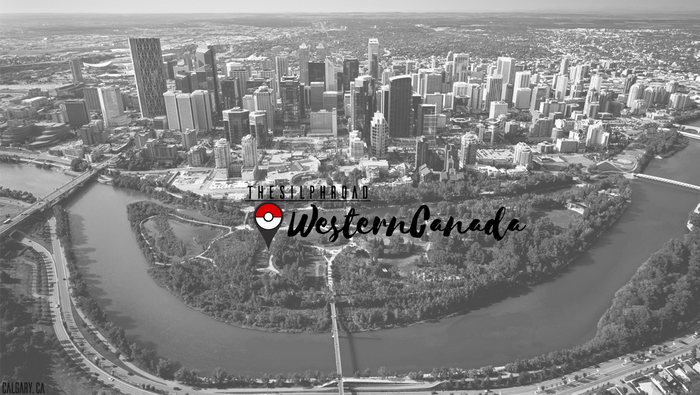 Aerial view of Calgary, Canada with The Silph Road logo