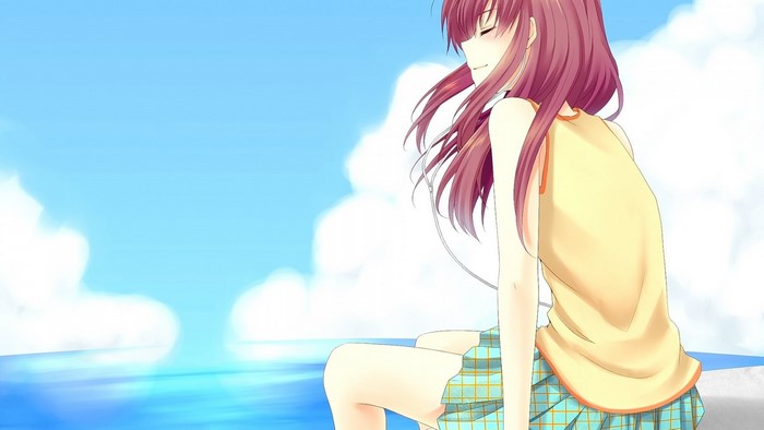 Anime girl with pink hair sitting by the sea