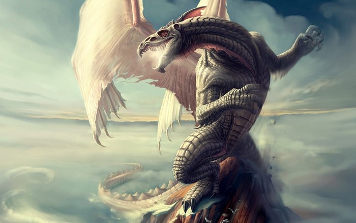 Dragon perched on a rocky outcrop above clouds