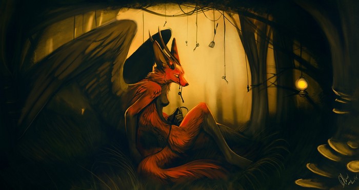 Winged fox creature with keys in a dark forest