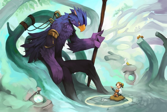 Giant purple griffin with a girl and a small creature