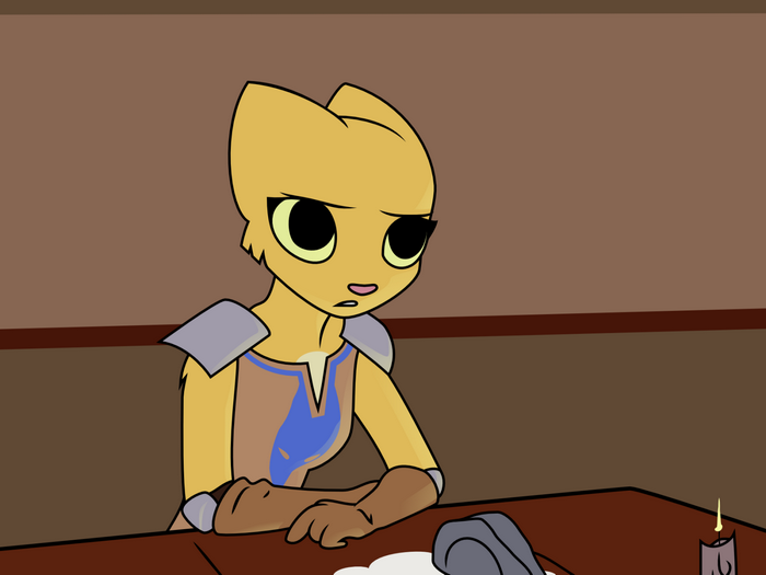 Yellow cat-like character sitting at a table
