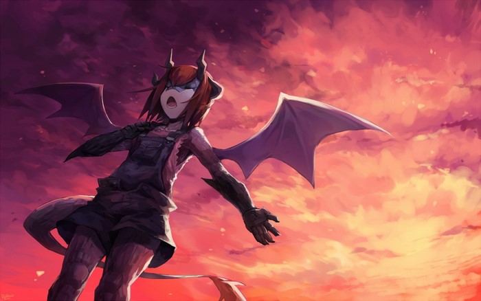 Dragon girl with wings in sunset sky