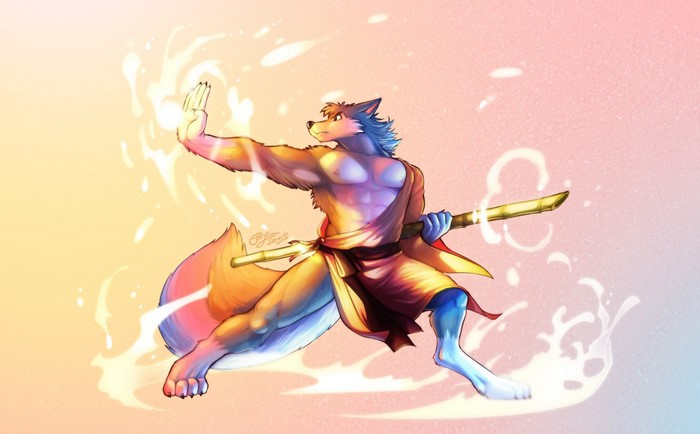 Furry character performing martial arts with a staff