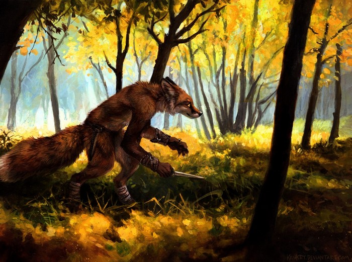 Anthropomorphic fox creature in an autumn forest
