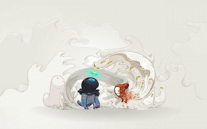 Two alien creatures in a surreal, abstract environment