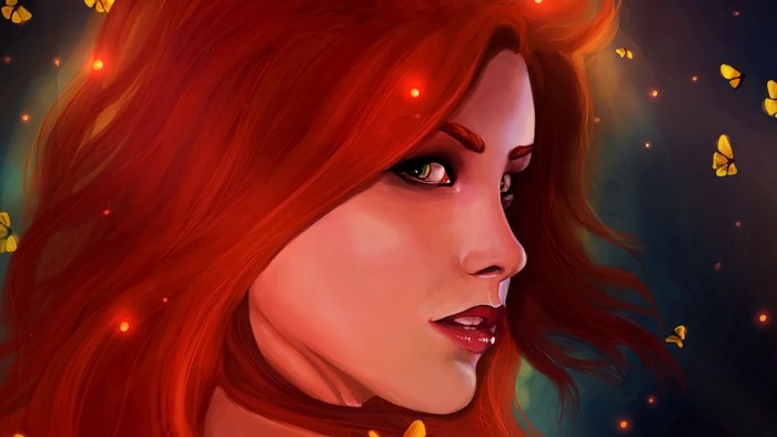 Illustration of a woman with red hair and butterflies