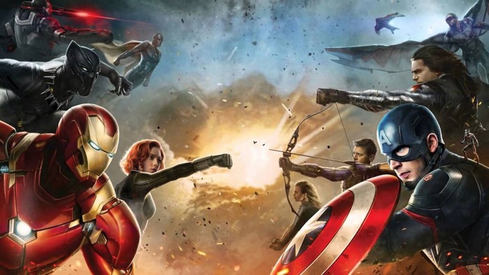 Iron Man, Captain America, Black Widow, Hawkeye, Vision, Black Panther, Falcon, Winter Soldier in battle