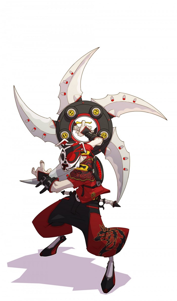 Character from Duelyst with large shuriken weapon