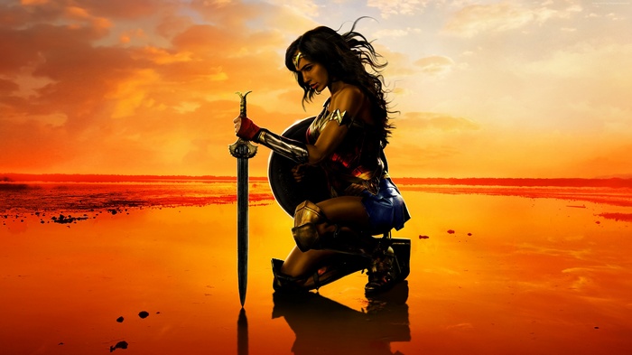 Wonder Woman from DC Comics kneeling with sword and shield at sunset