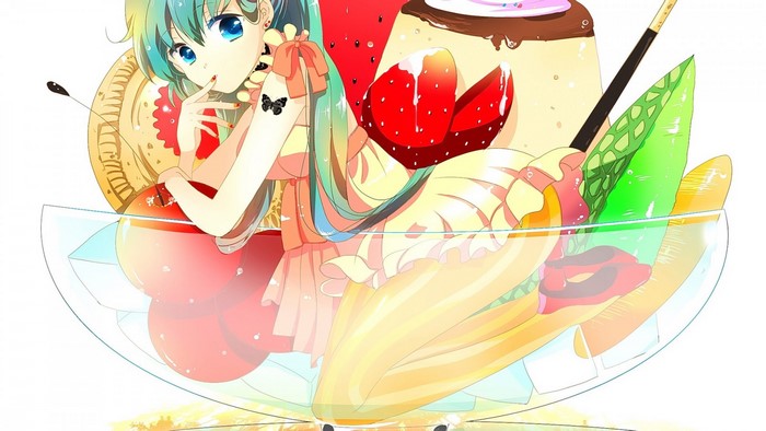 Hatsune Miku in a giant dessert parfait
