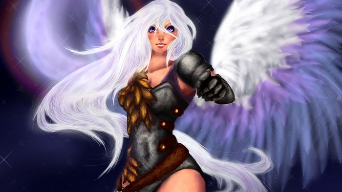 Anime angel warrior with white hair and wings