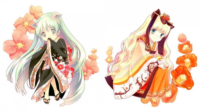 Two anime girls in kimonos with flowers