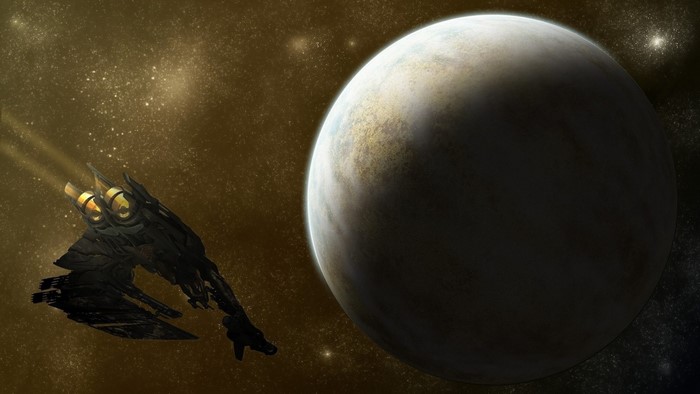 Spaceship near a planet in Star Citizen