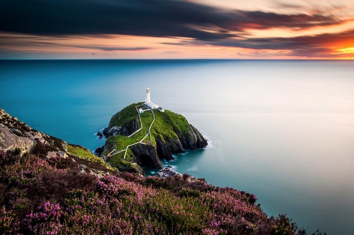 South Stack Lighthouse on Holy Island, Wales at sunset